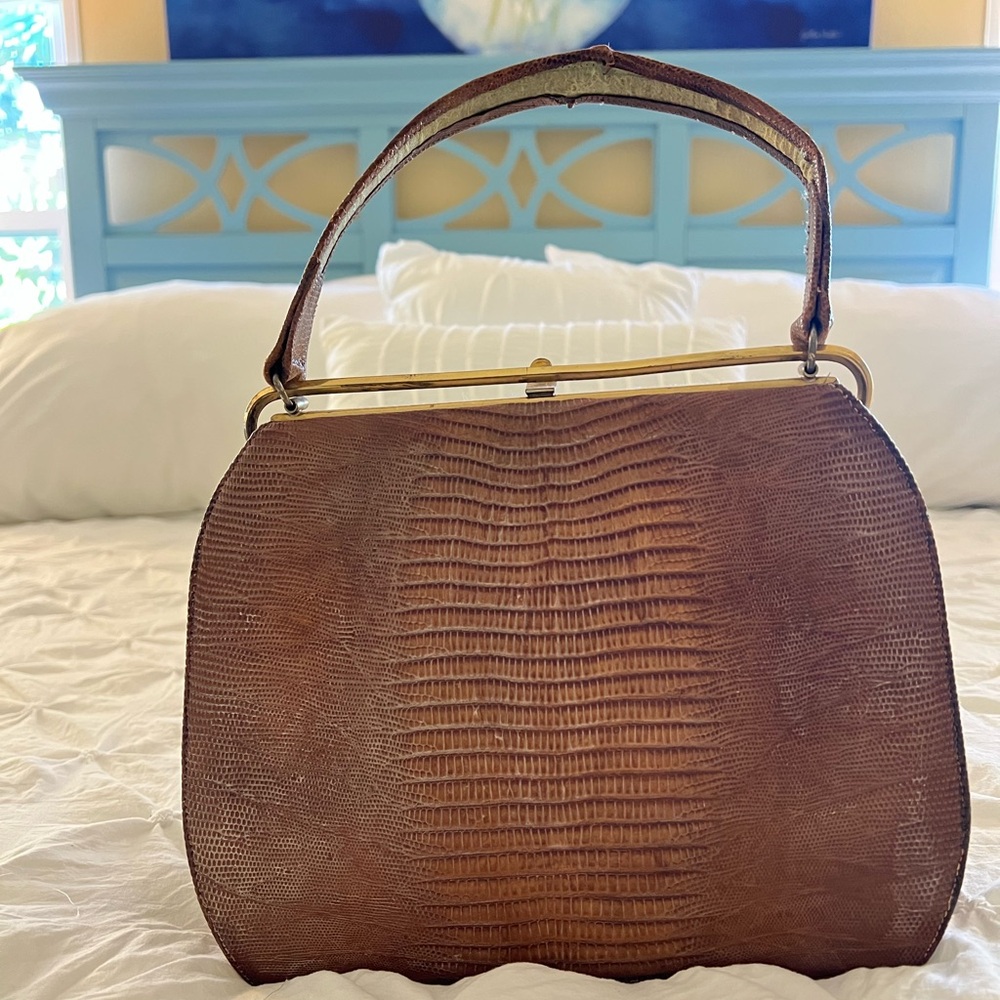 Vintage Bellestone Brown Minimalist Structured Frame Lizard Top Handle Purse